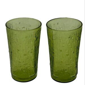 VTG Anchor Hocking Avocado Green Textured Glass Tumblers Set 2 Mid-Century 3"x5"